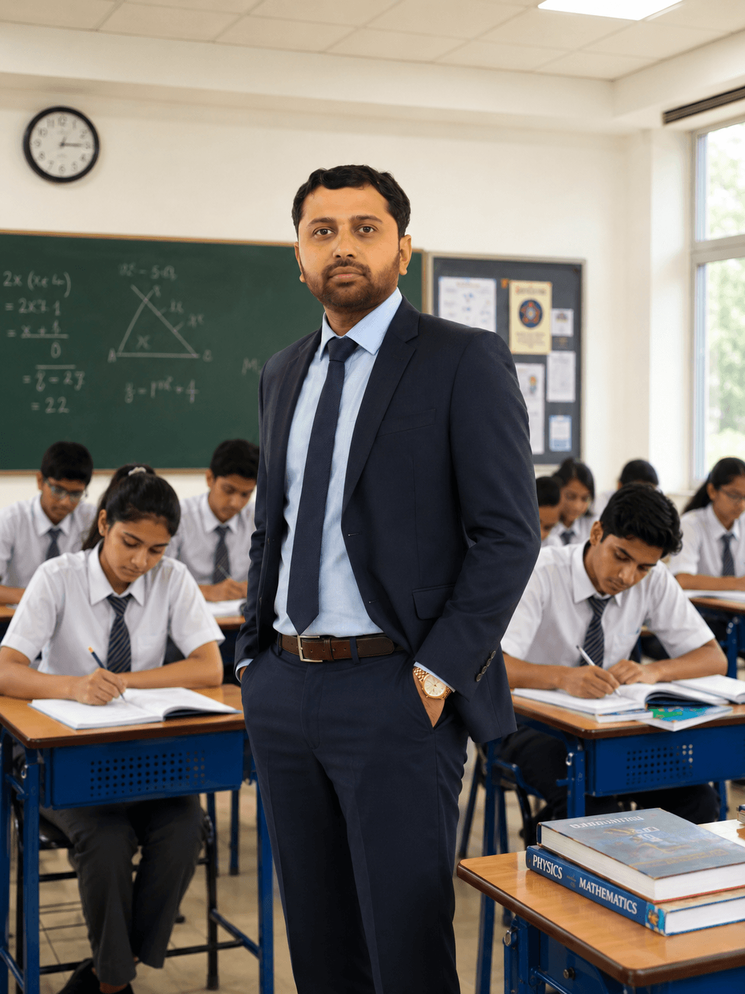 Anubhav Bajpai in his Kanpur classroom, with Class 12 students working at their desks